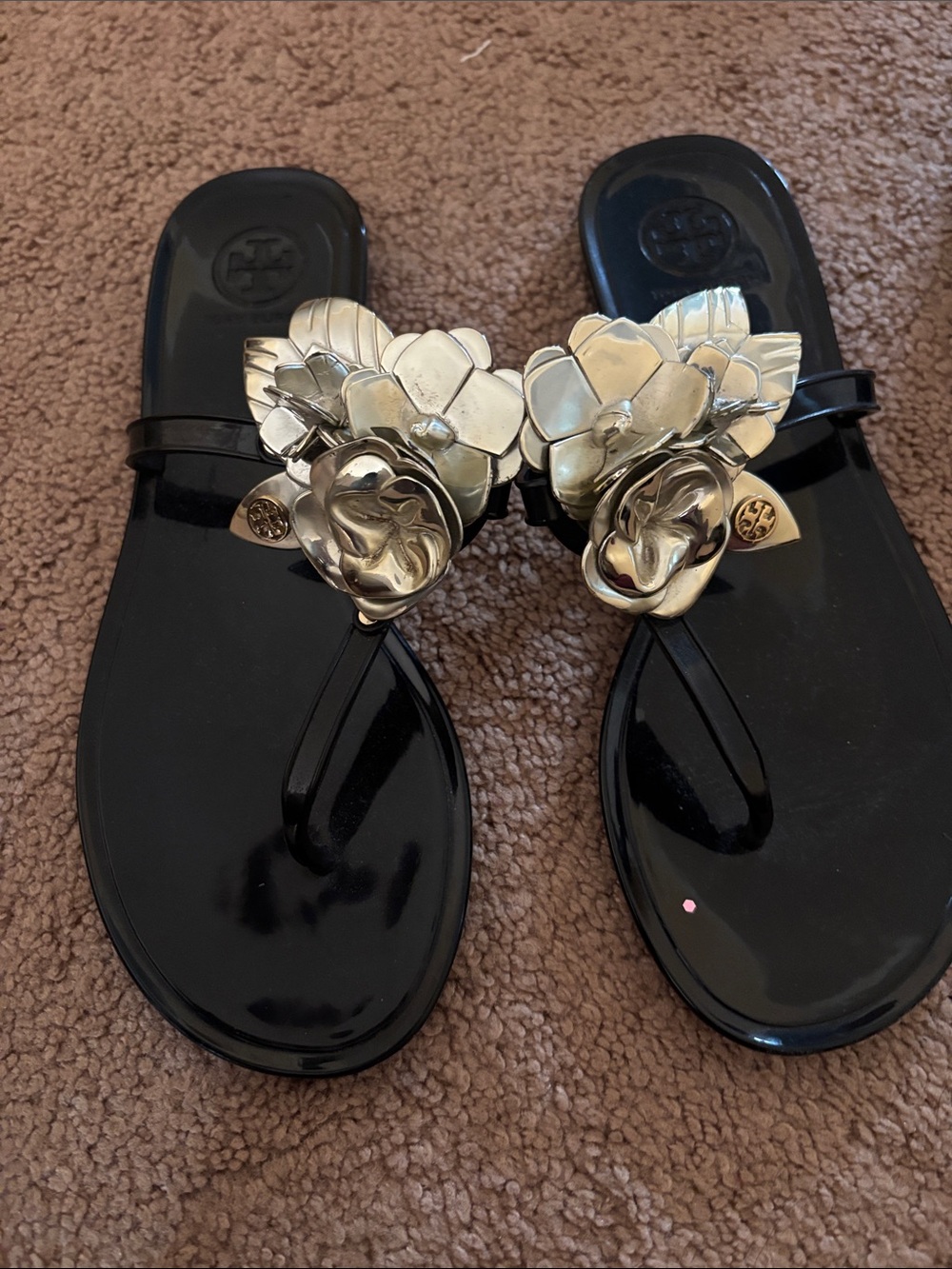Tory Burch Black Jelly Sandals with Gold Floral Trim